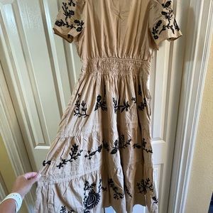 Anthropologie Somerset Tan and Black Embroidered Maxi Dress